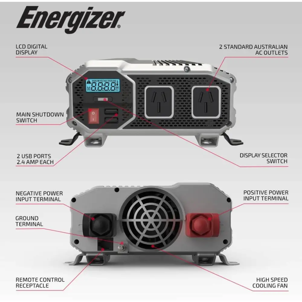 Energizer 2000 Watt Car Inverter 12 Volt DC to 230 Volts AC Converter w/ 2 USB Plug Dual 230V Socket Ideal Caravan &