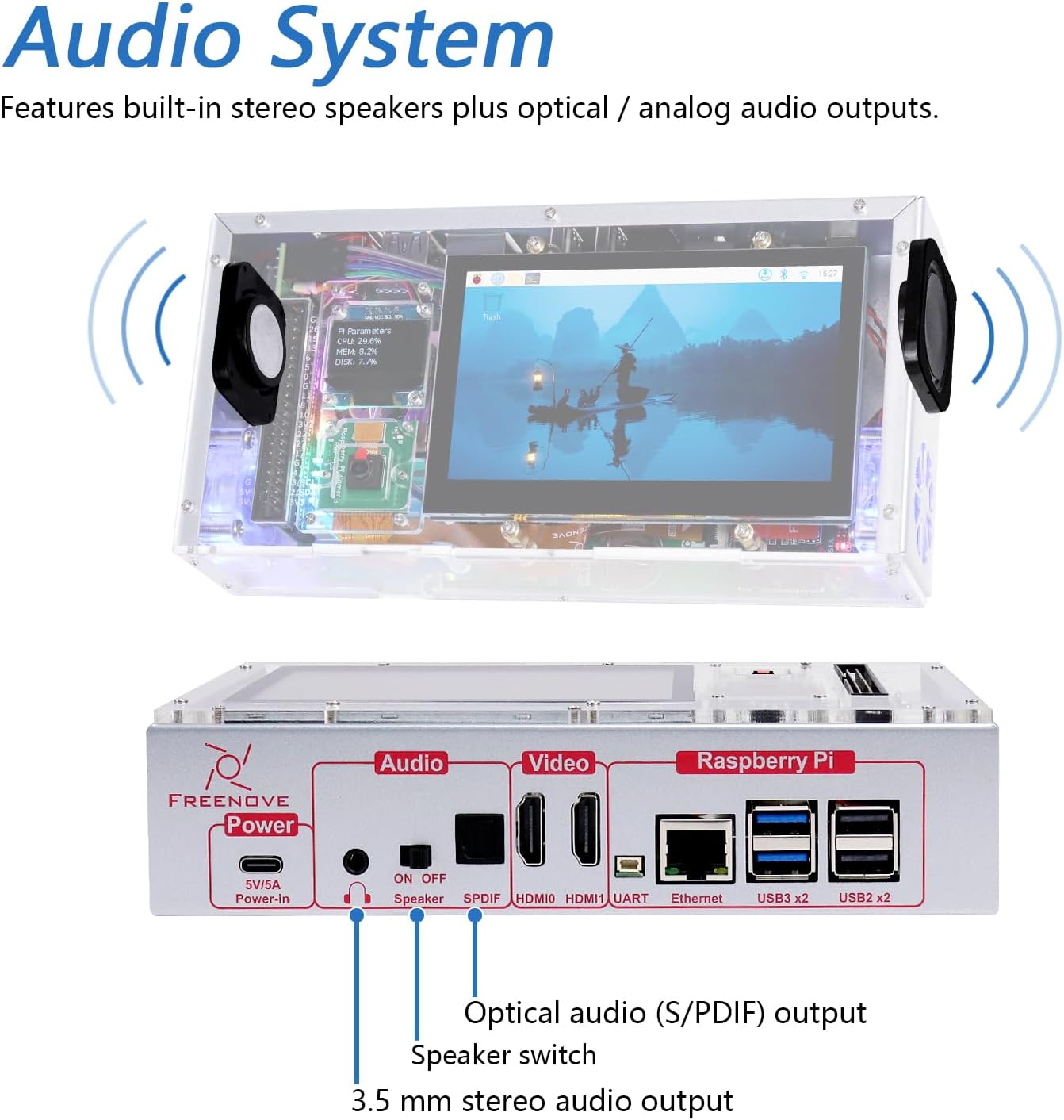Freenove Computer Case Kit for Raspberry Pi 5 (NOT Included) 128GB M.2 NVMe SSD 800 MB/s 4.3 Inch Touchscreen MP Camera