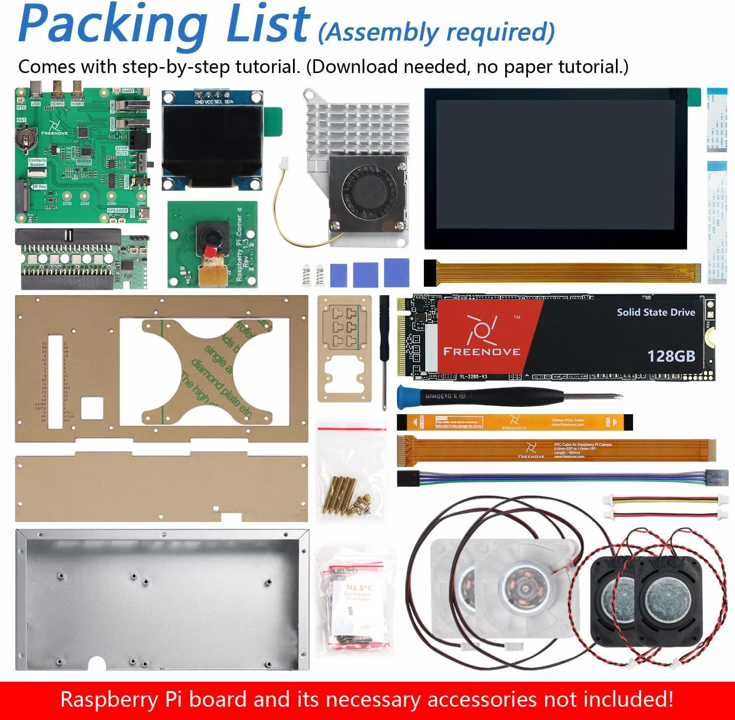 Freenove Computer Case Kit for Raspberry Pi 5 (NOT Included) 128GB M.2 NVMe SSD 800 MB/s 4.3 Inch Touchscreen MP Camera