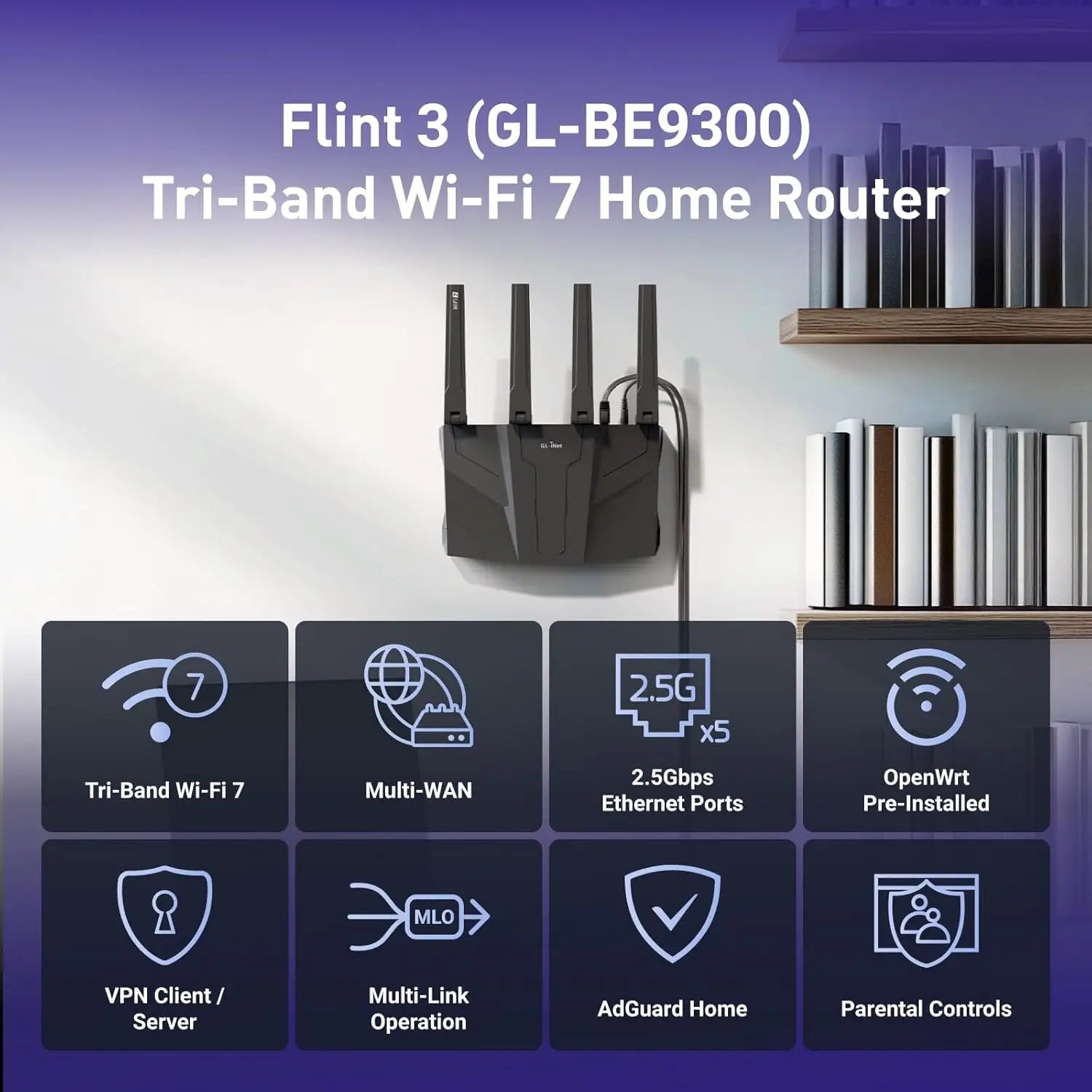GL.iNet GL-BE9300 (Flint 3) Tri-Band WiFi 7 Router High-Speed 6GHz Gaming for Wireless Internet Long Range 5 x 2.5G VPN