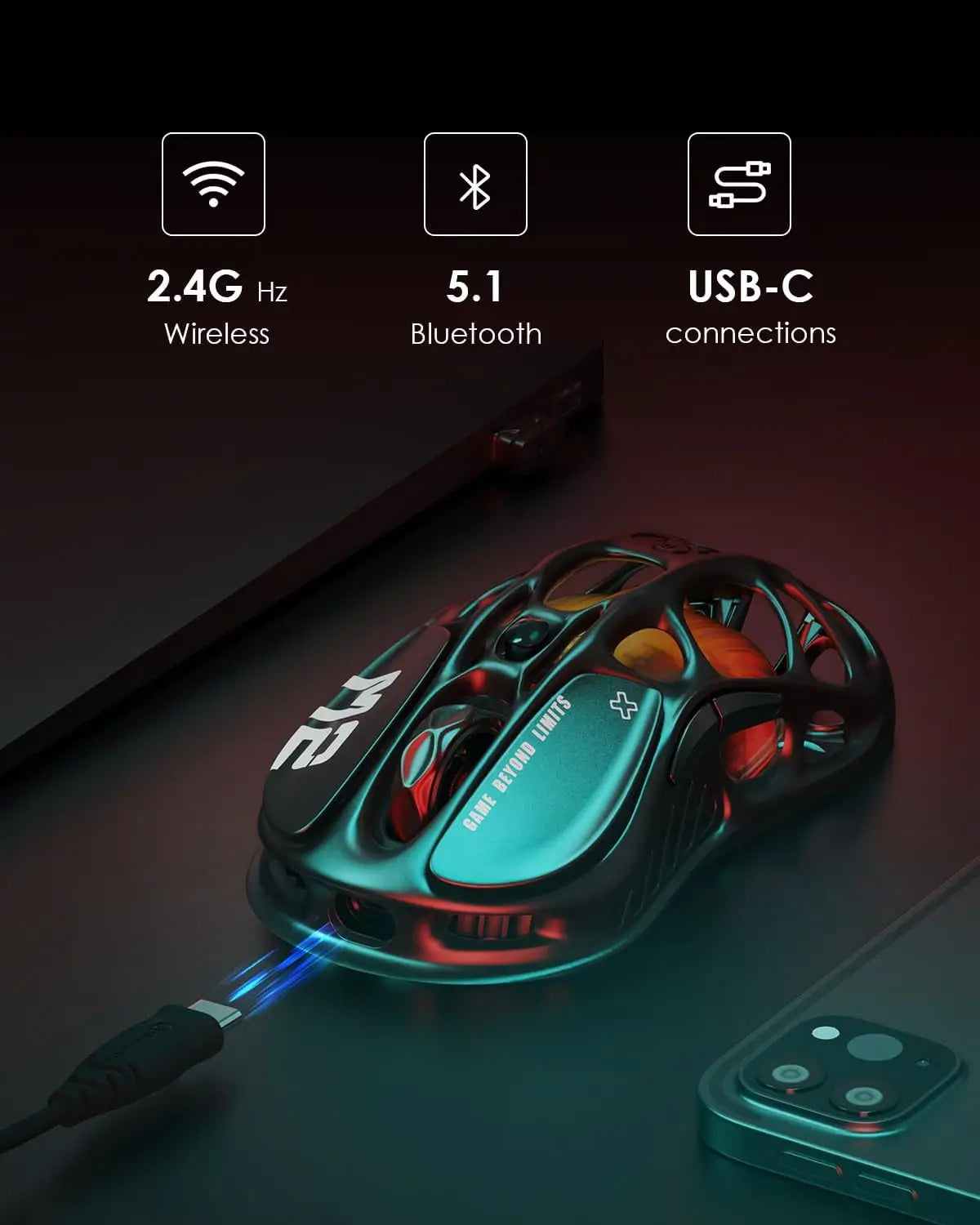 GravaStar Mercury M2 Wireless Gaming Mouse with 26,000 DPI PAW3395DM Sensor -79g Lightweight Hollowed-Out Design -5
