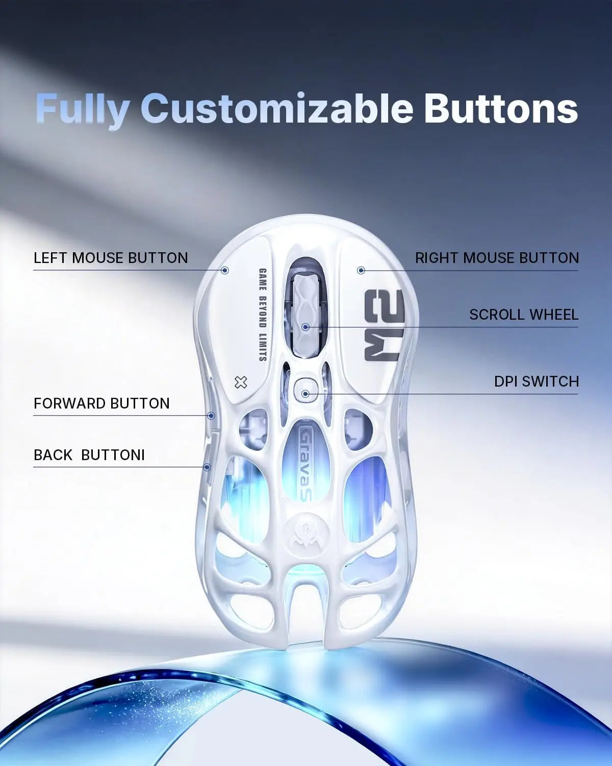 GravaStar Mercury M2 Wireless Gaming Mouse with 26,000 DPI PAW3395DM Sensor -79g Lightweight Hollowed-Out Design -5