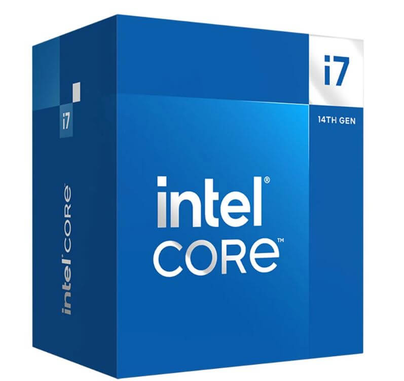 Intel i7 14th Gen CPU retail box showcasing blue packaging and branding.
