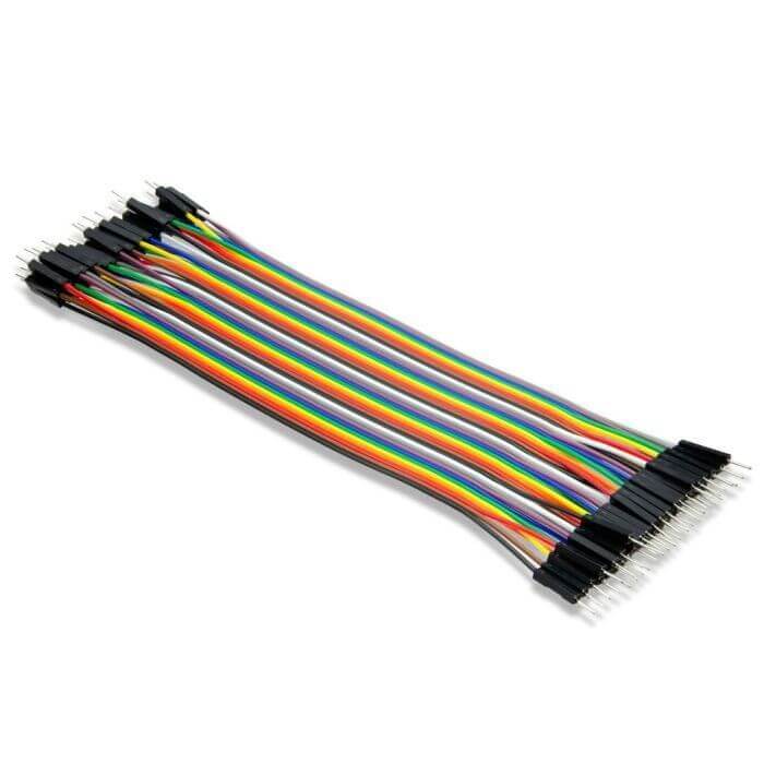 20cm male-male jumper wire ribbon, 40pcs, colorful, perfect for prototyping with 0.1" breadboards.
