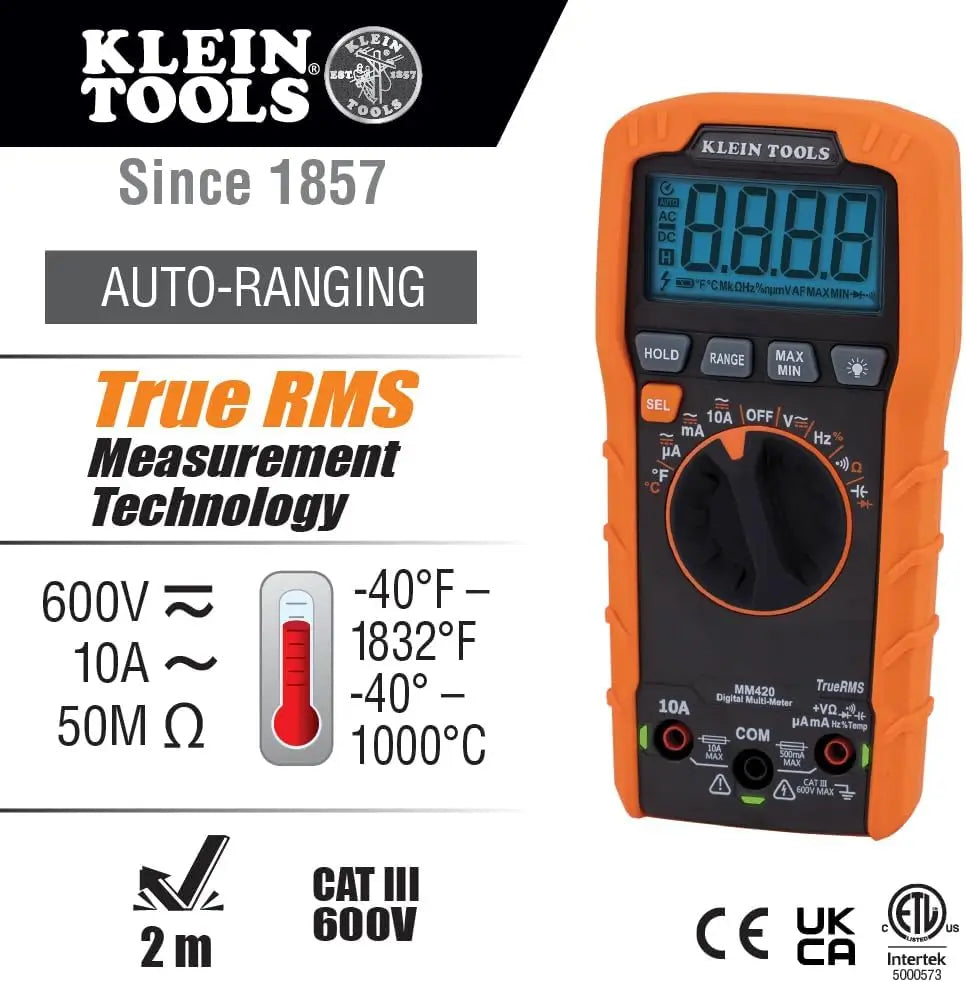 Klein Tools MM420 Digital Multimeter – TRMS Auto-Ranging Measures 600V AC/DC 10A Current Temperature Capacitance &