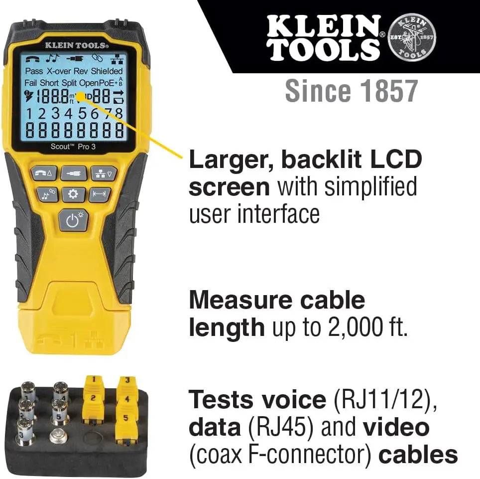 Klein Tools VDV501-851 Scout Pro 3 Cable Tester Starter Kit – Voice Data Video for RJ11 RJ12 RJ45 and Coax Measures