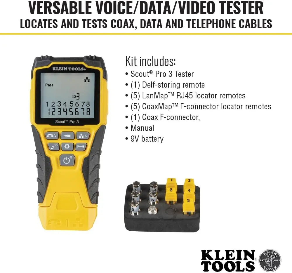 Klein Tools VDV501-851 Scout Pro 3 Cable Tester Starter Kit – Voice Data Video for RJ11 RJ12 RJ45 and Coax Measures