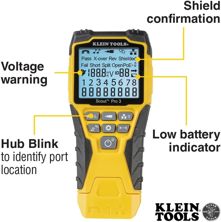 Klein Tools VDV501-851 Scout Pro 3 Cable Tester Starter Kit – Voice Data Video for RJ11 RJ12 RJ45 and Coax Measures