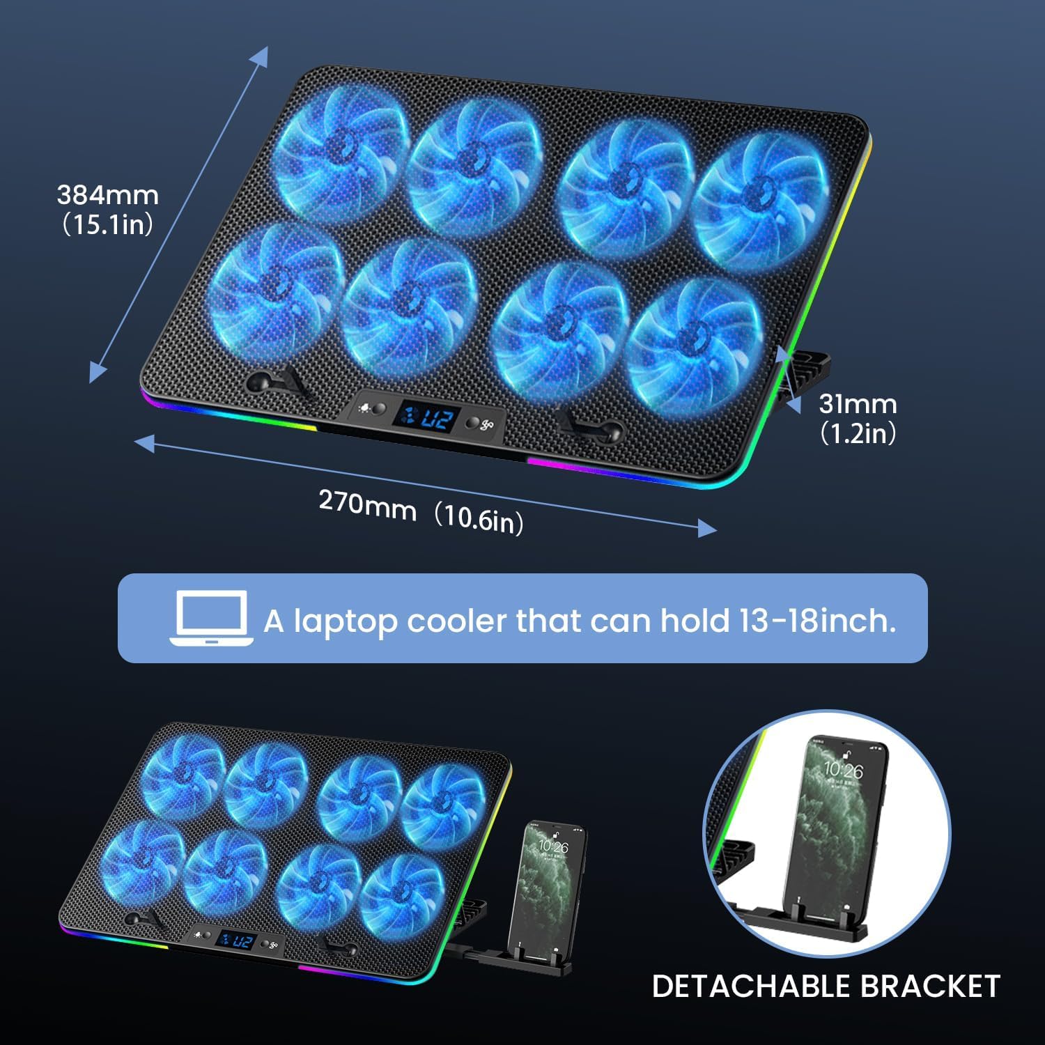 Laptop Cooling Pad Cooler with 8 Quiet Led Fans for 11-17Inch Laptops Show Fan Speed 7 Height Stands Dual USB Powered