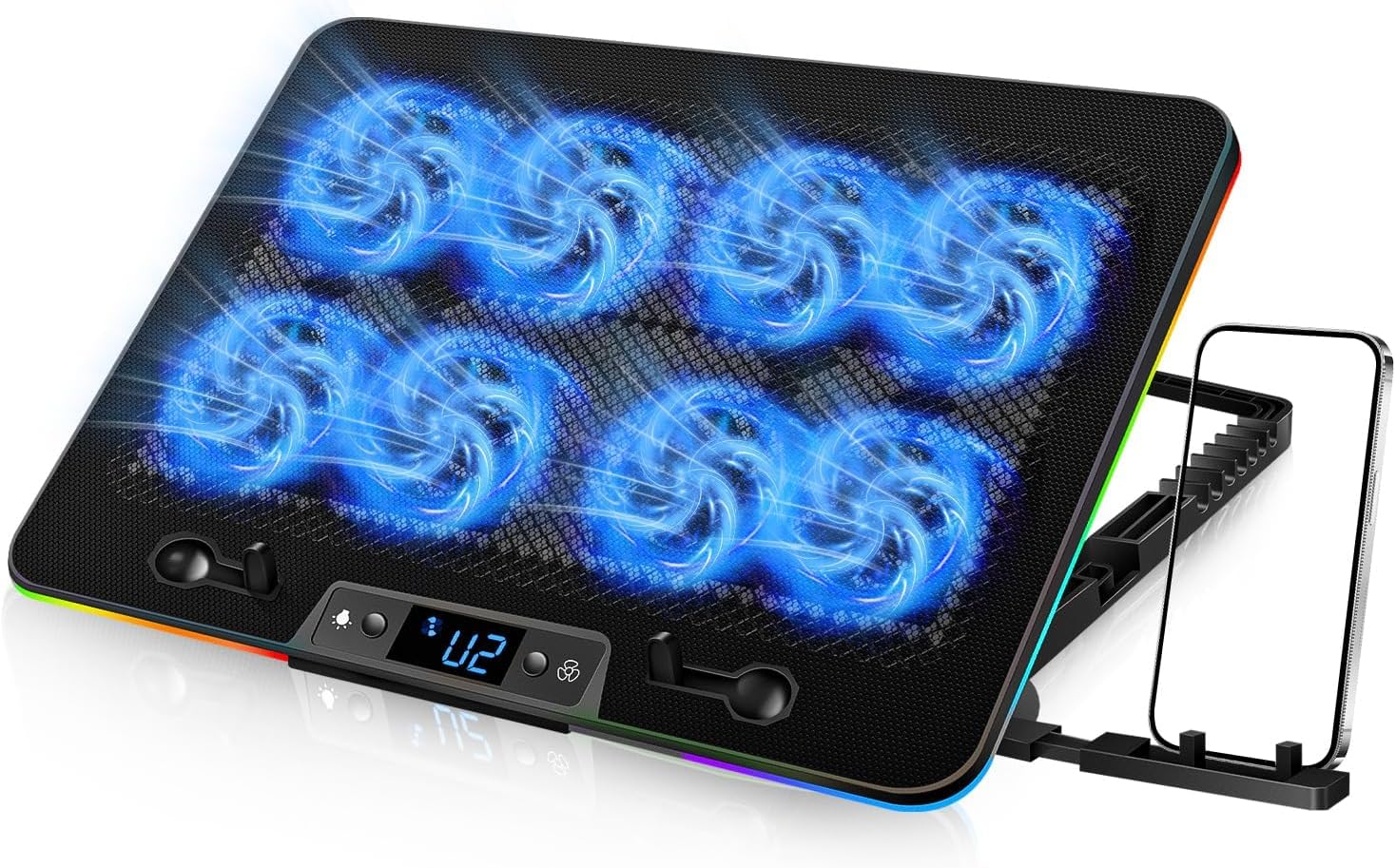 Laptop Cooling Pad Cooler with 8 Quiet Led Fans for 11-17Inch Laptops Show Fan Speed 7 Height Stands Dual USB Powered