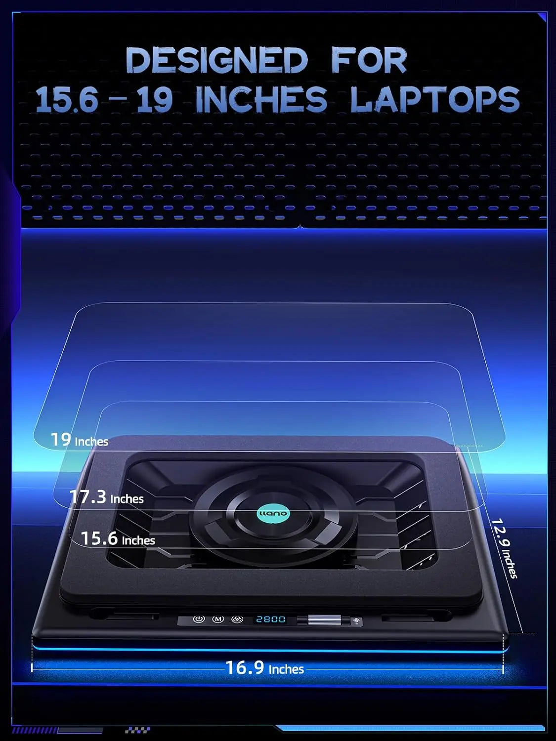 llano RGB Laptop Cooling Pad with Powerful Turbofan Gaming Cooler Infinitely Variable Speed,Touch Control,LCD