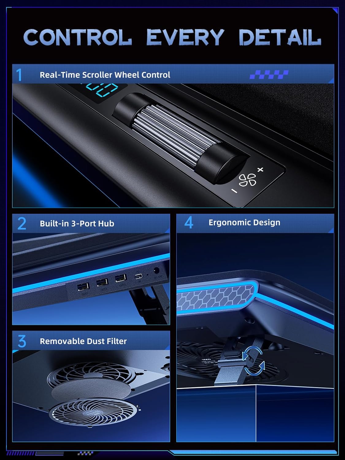 llano RGB Laptop Cooling Pad with Powerful Turbofan Gaming Cooler Infinitely Variable Speed,Touch Control,LCD