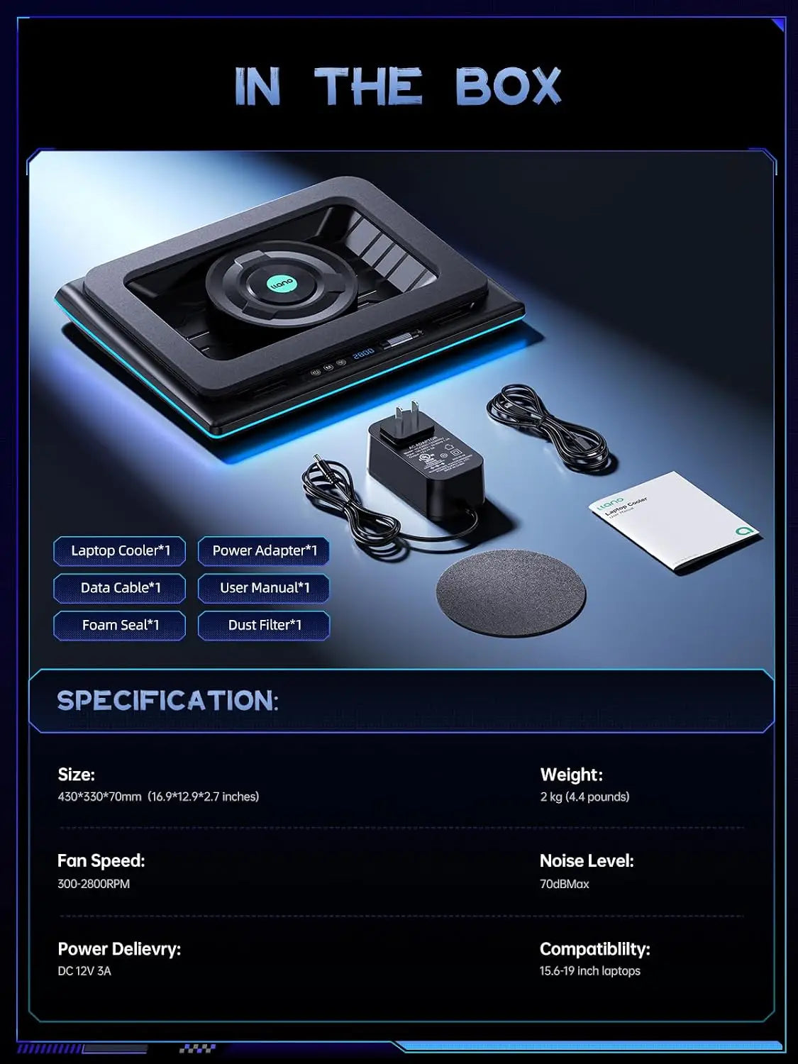 llano RGB Laptop Cooling Pad with Powerful Turbofan Gaming Cooler Infinitely Variable Speed,Touch Control,LCD
