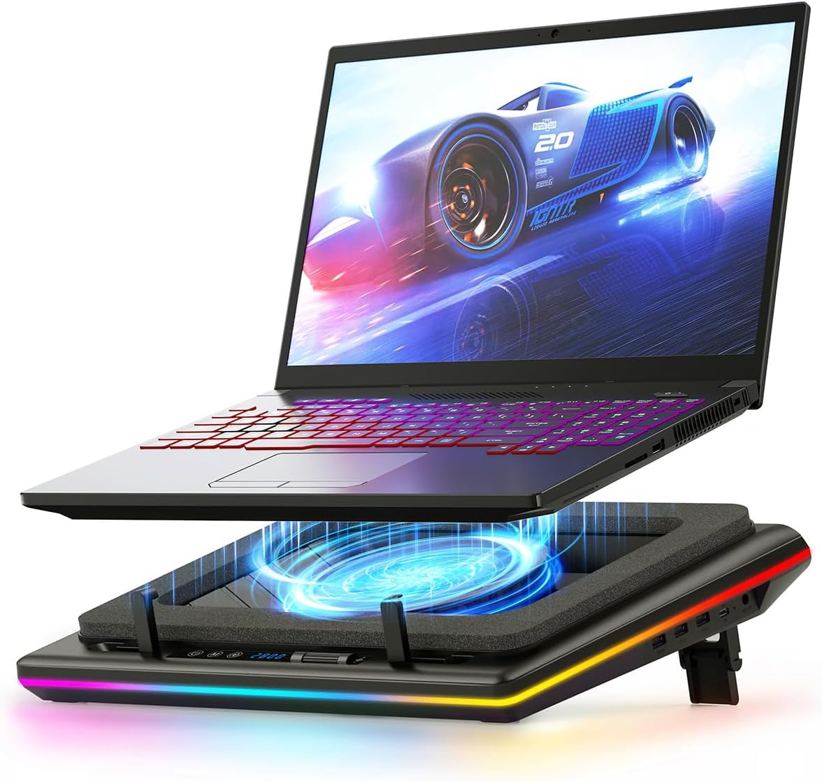 llano RGB V12 Laptop Cooling Pad with Powerful Turbofan Gaming Cooler Infinitely Variable Speed,Touch Control,LCD