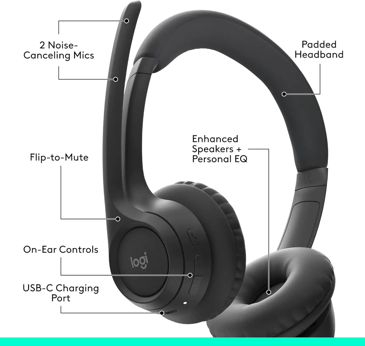 Logitech Zone 300 Wireless Bluetooth Headset with Noise-Canceling Microphone Compatible Windows Mac Chrome Linux iOS