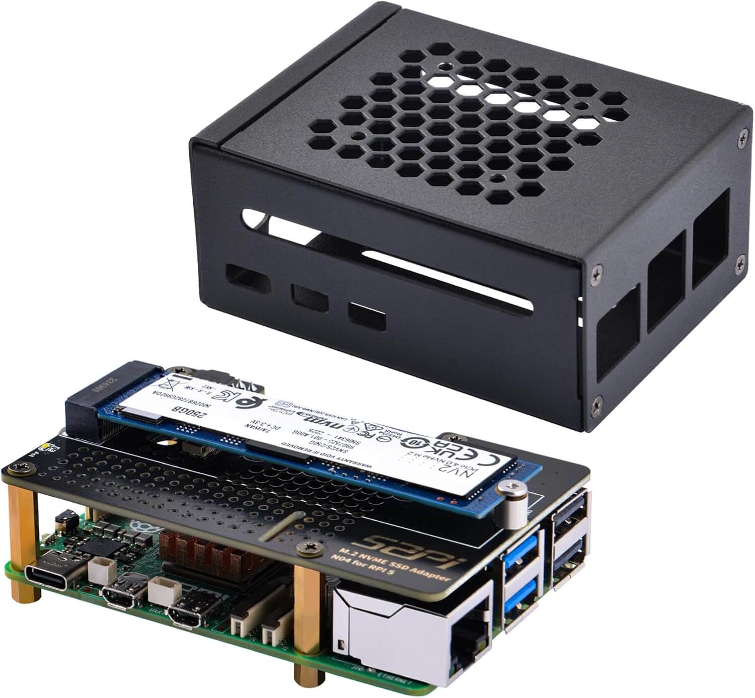 Metal Case with N04 PCIe M.2 Key-M NVMe SSD PCIe Peripheral Board for Raspberry Pi 5