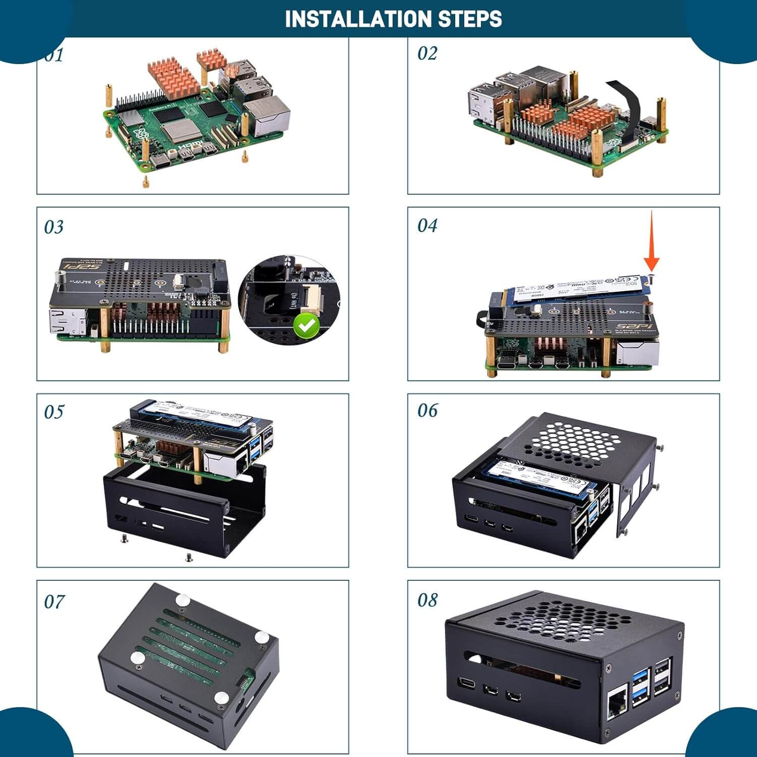 Metal Case with N04 PCIe M.2 Key-M NVMe SSD PCIe Peripheral Board for Raspberry Pi 5