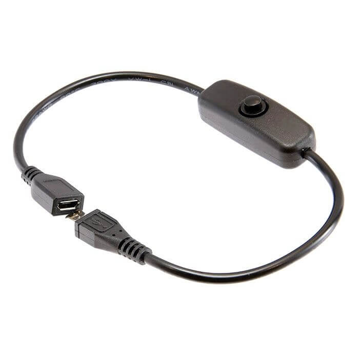 Micro B USB in-line power switch cable, female to male, with inline switch for easy power control.