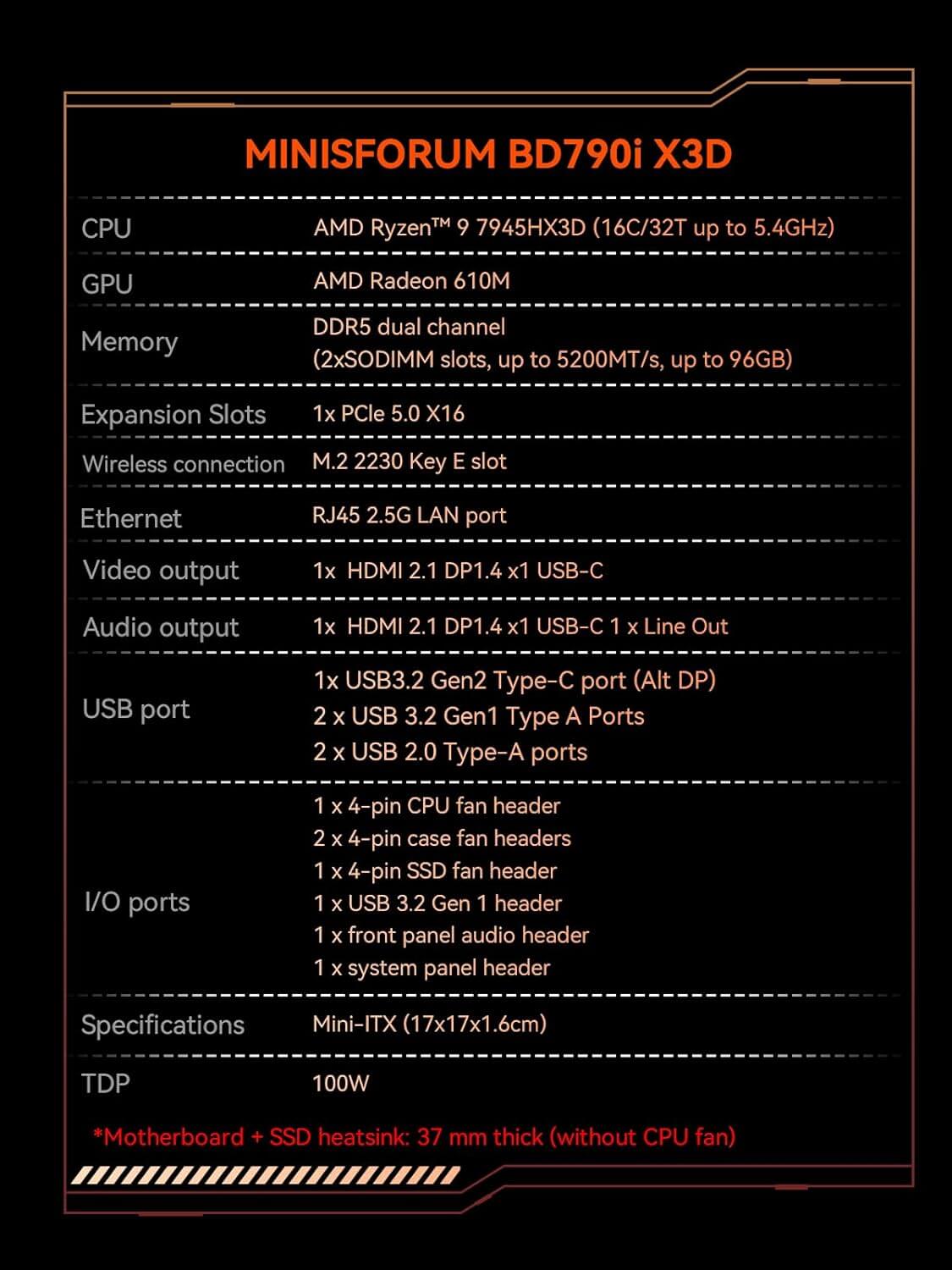 MINISFORUM BD790I X3D Mini ITX Motherboard Integrated AMD Ryzen 9 7945HX3D up to 5.4 GHz 16C/32T 144MB Cache,PCIe 5.0
