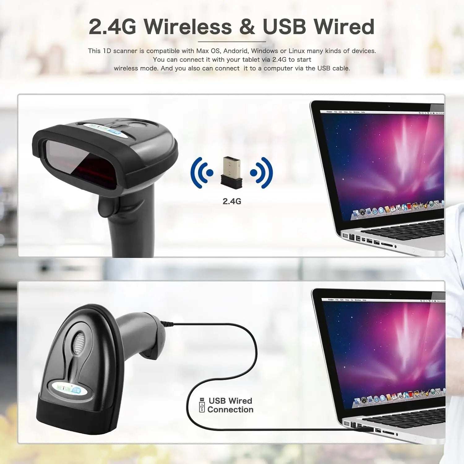 NETUM Wireless Barcode Scanner 2 in 1 2.4G & USB Wired 1D Laser Reader Handheld Bar Code Cordless Rechargeable