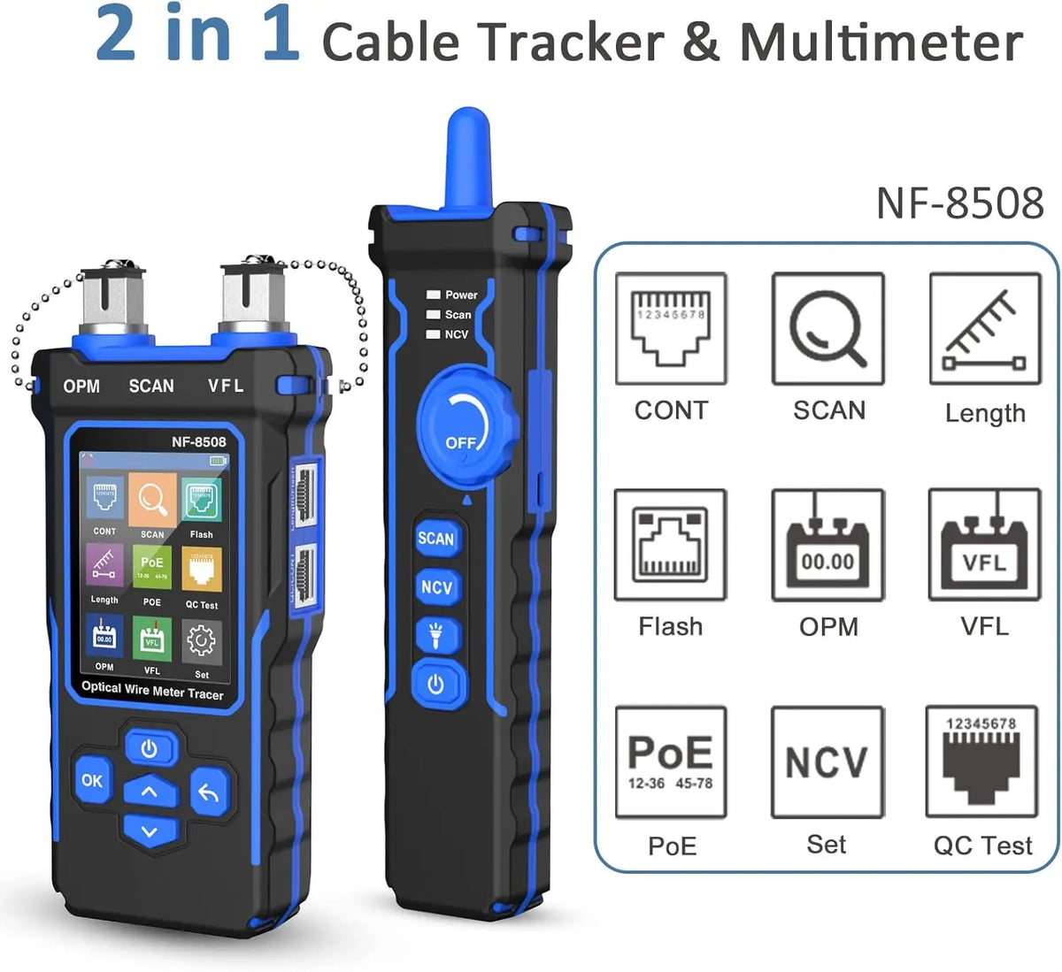 Network Cable Tester with Optical Power Meter VFL RJ11 RJ45 Toner Ethernet CAT5 CAT6 for Telephone Video Wire Tracer PoE