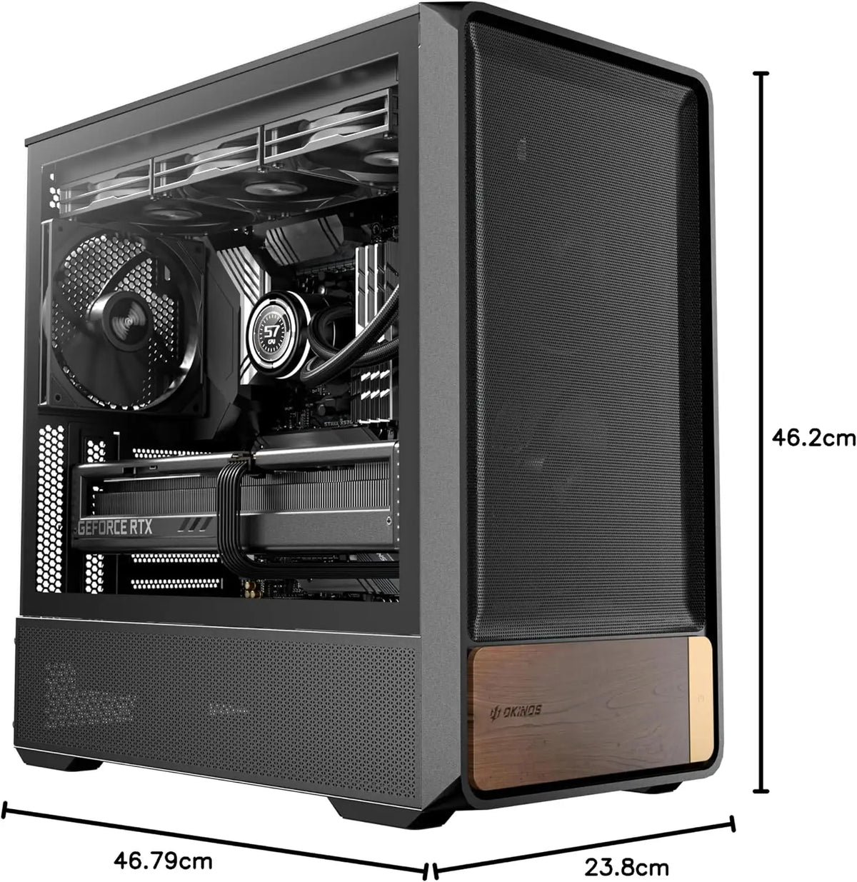 Okinos Air Cross Genuine Walnut Wood ATX Case 3×140mm PWM Fan & 2x120mm Reverse Pre-Installed Airflow Optimized Mesh