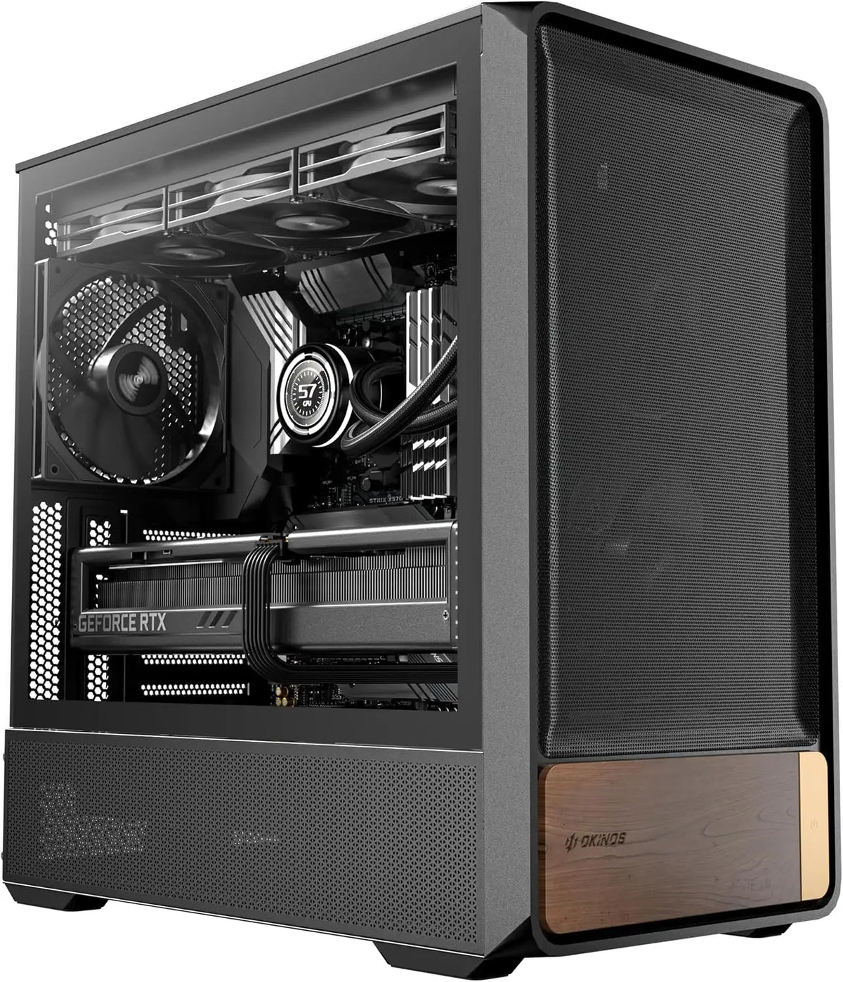 Okinos Air Cross Genuine Walnut Wood ATX Case 3×140mm PWM Fan & 2x120mm Reverse Pre-Installed Airflow Optimized Mesh