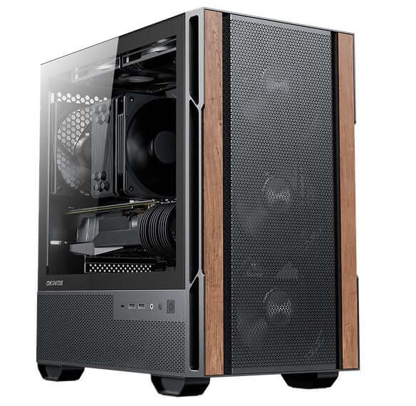 OKINOS Cypress 3 Genuine Walnut Wood MicroATX USB-C 3 Pin Non-PWM Case Fans Pre-Installed,Temper Glass Side Panel Case