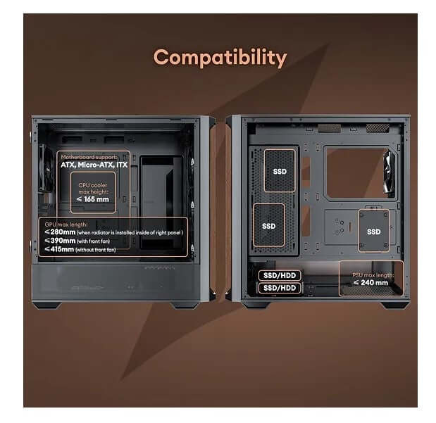 OKINOS Cypress P7 Genuine Walnut Wood Trim ATX Type-C Support 360mm Radiator on Top 4 x 120mm PWM Fans Black Stylish