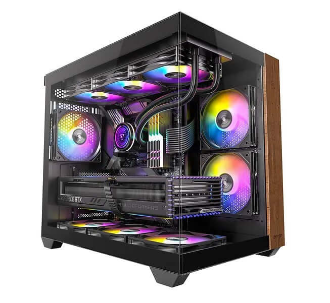 OKINOS M6 ARGB PC case with panoramic view, genuine walnut wood, glass panel, and colorful RGB fans.