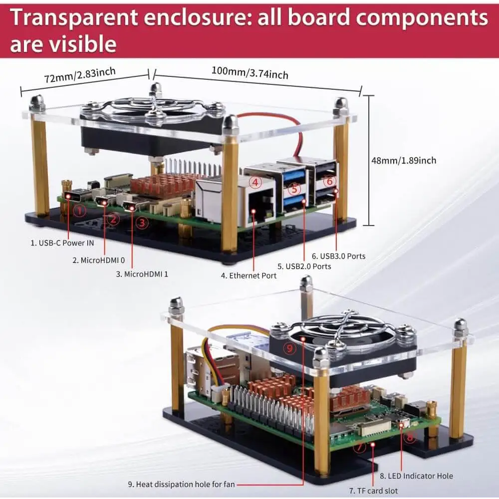 PC Mart Acrylic Case with Fan and 4 Heatsinks for Raspberry Pi 5