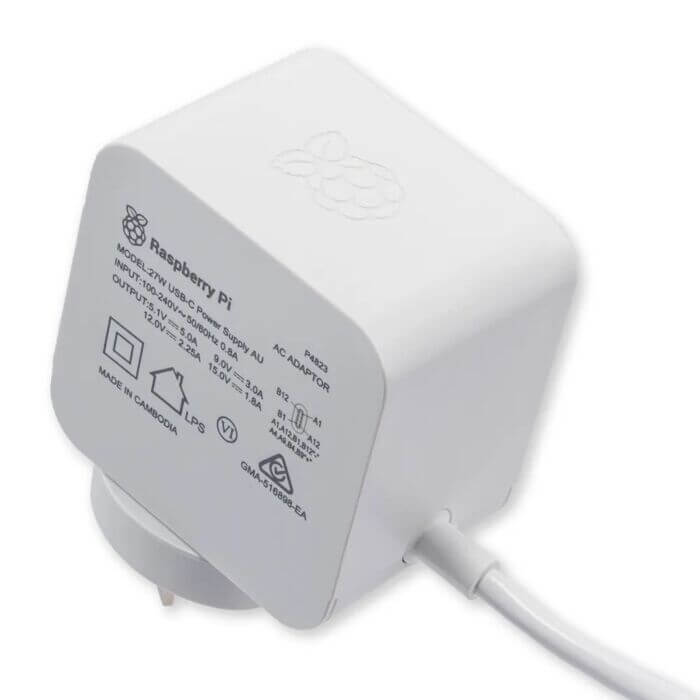 Raspberry Pi 5 official white power supply with USB-C PD, 27W, 5.1V 5A output.
