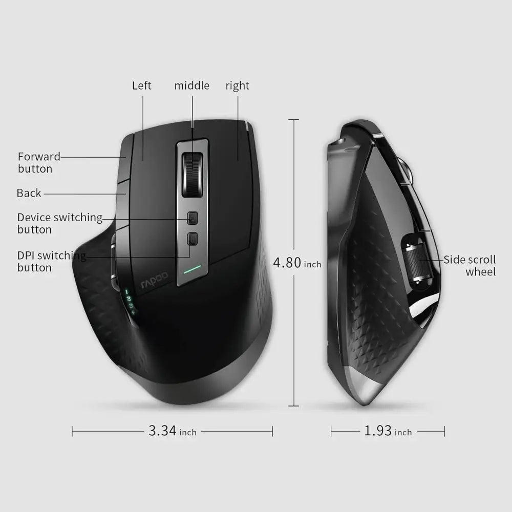 RAPOO MT750 Wireless Mouse Multi-Device (Multi-Mode:BT 5.0/4.0/3.0 + 2.4Ghz) Laser 8 Programmable Buttons Ergonomic