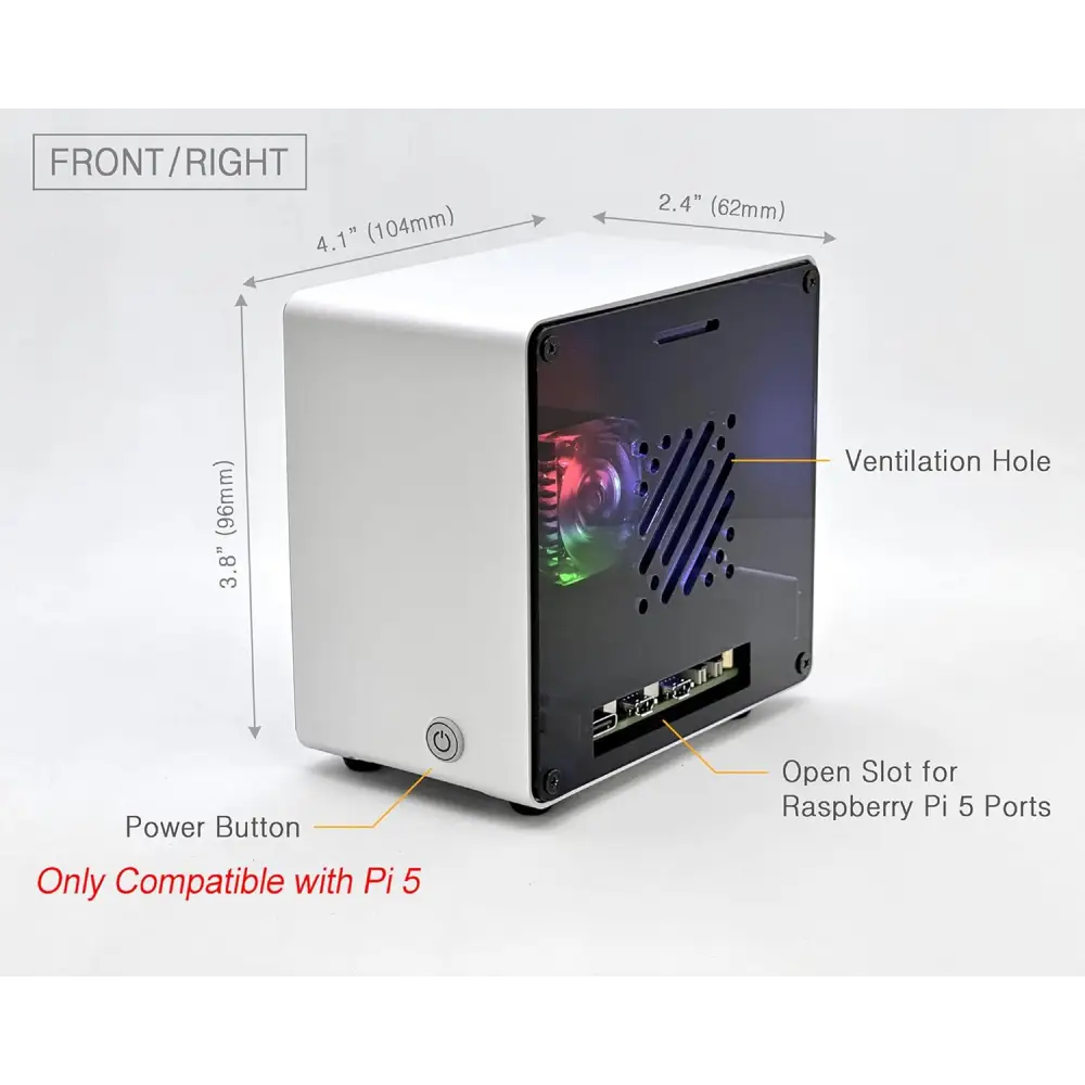 Raspberry Pi 5 Case Aluminum Mini Tower with Cooling Fan and Color Changing Ambient Light (Silver)