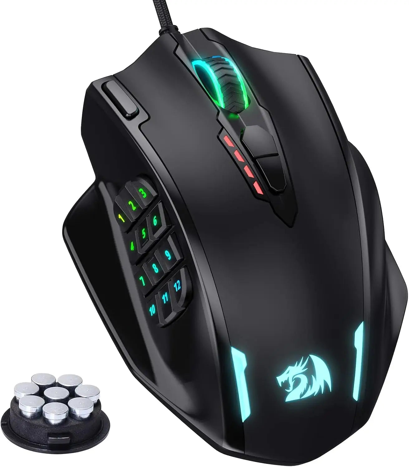 Redragon M908 Impact MMO Gaming Mouse Wired RGB with 12 Programmable Side Buttons 12,400 DPI Optical Sensor Weight
