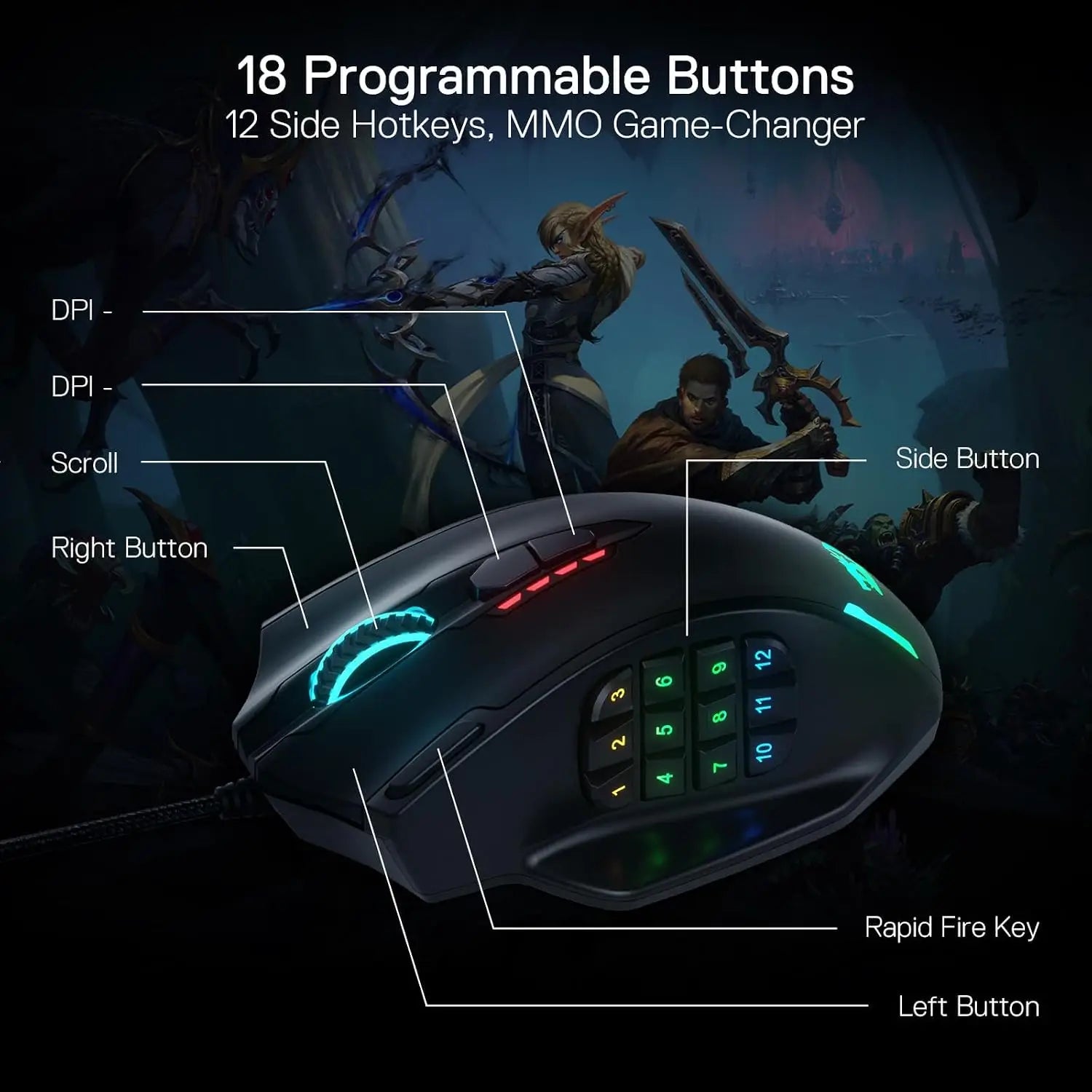 Redragon M908 Impact MMO Gaming Mouse Wired RGB with 12 Programmable Side Buttons 12,400 DPI Optical Sensor Weight