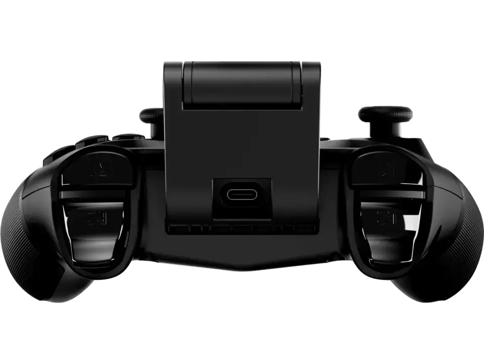 Rear view of the HyperX Clutch wireless gaming controller showing the grip, buttons, and adjustable mobile clip.
