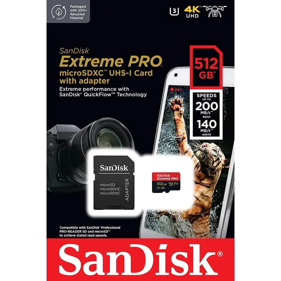 SanDisk 512GB Extreme PRO microSDXC Card + SD Adapter + RescuePRO Deluxe up to 200MB/s with A2 App Performance UHS-I