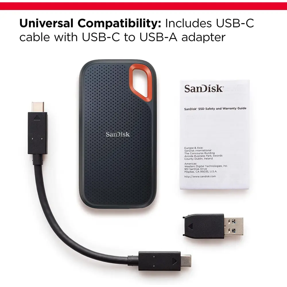 SanDisk Extreme 1TB Portable NVMe external SSD USB-C up to 1050MB/s Read and 1000MB/s Write Speed Water Dust-Resistant