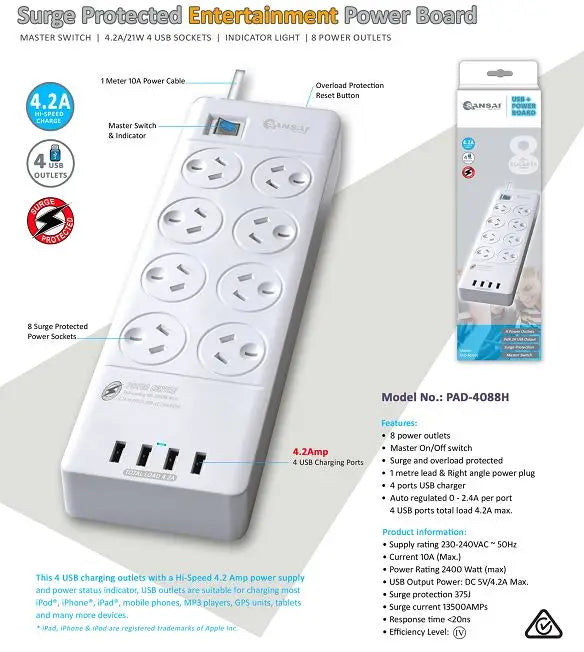 Sansai 8 Outlets & 4 USB Surge Protected Powerboard Master On/Off switch 1M lead Right angle plug 230-240VAC IV Retail