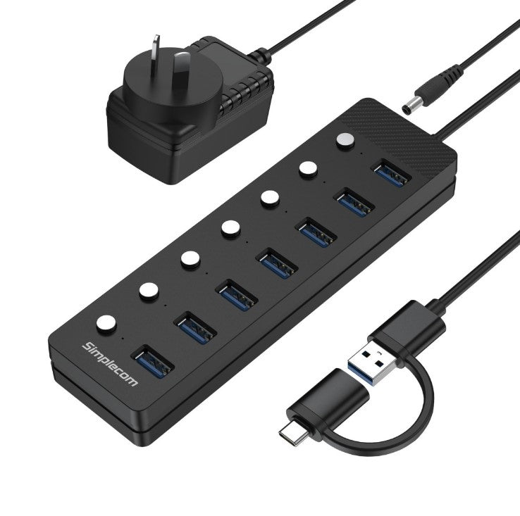 Simplecom CH375C USB-A and USB-C to 7-Port USB 3.0 Hub 5Gbps Individual Switches Power Adapter