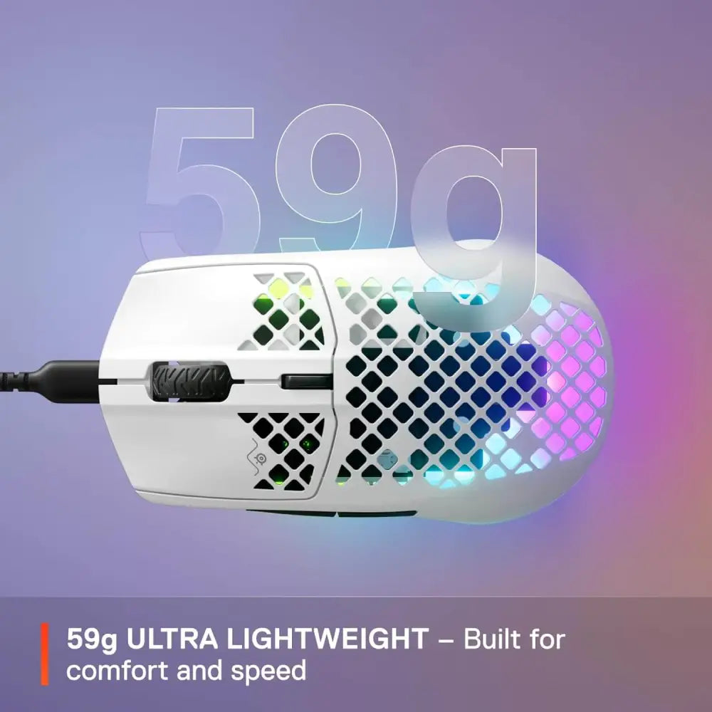 SteelSeries Aerox 3 Snow 6-Button 59g Gaming Mouse - IP54 Water Resistant - 18K CPI Optical Sensor - Prism 3-Zone RGB