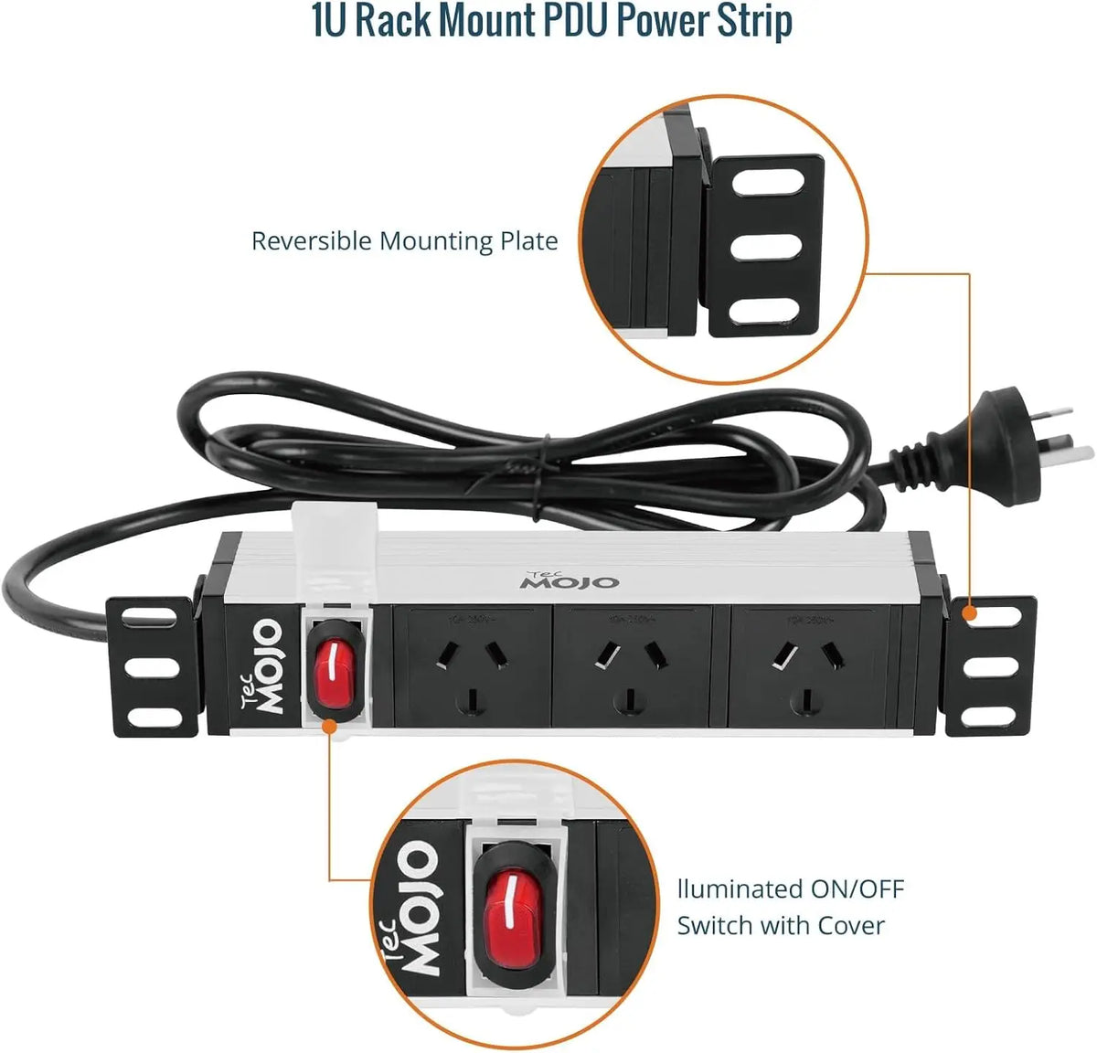 Tecmojo 10 Inch Rack Mount PDU 1U 3 Outlets Power Strip with Reversible Mounting Plate Distribution Unit for Server