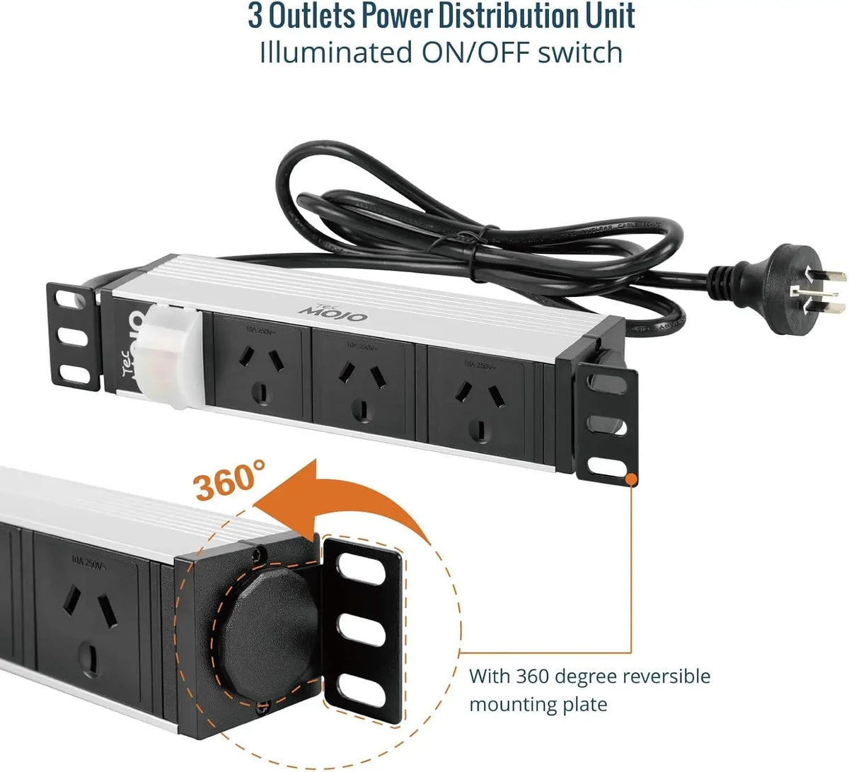Tecmojo 10 Inch Rack Mount PDU 1U 3 Outlets Power Strip with Reversible Mounting Plate Distribution Unit for Server