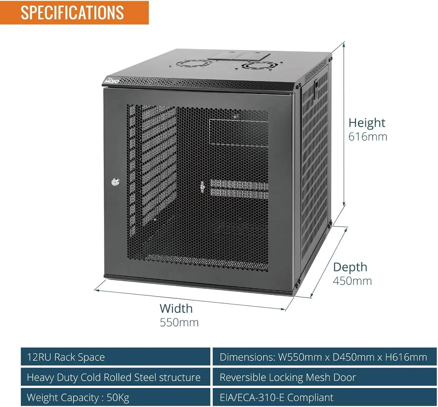 Tecmojo 12U Wall Mount Network Cabinet Data Server Rack Enclosure with Lockable Mesh Door and Side Panels 50 kg /110