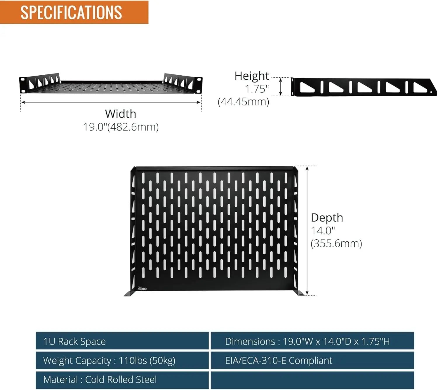 Tecmojo 1U Rack Shelf Mount with Anti-Slip Stops-355.6 mm Deep Vented Cantilever Tray for 19 inch Server Racks &