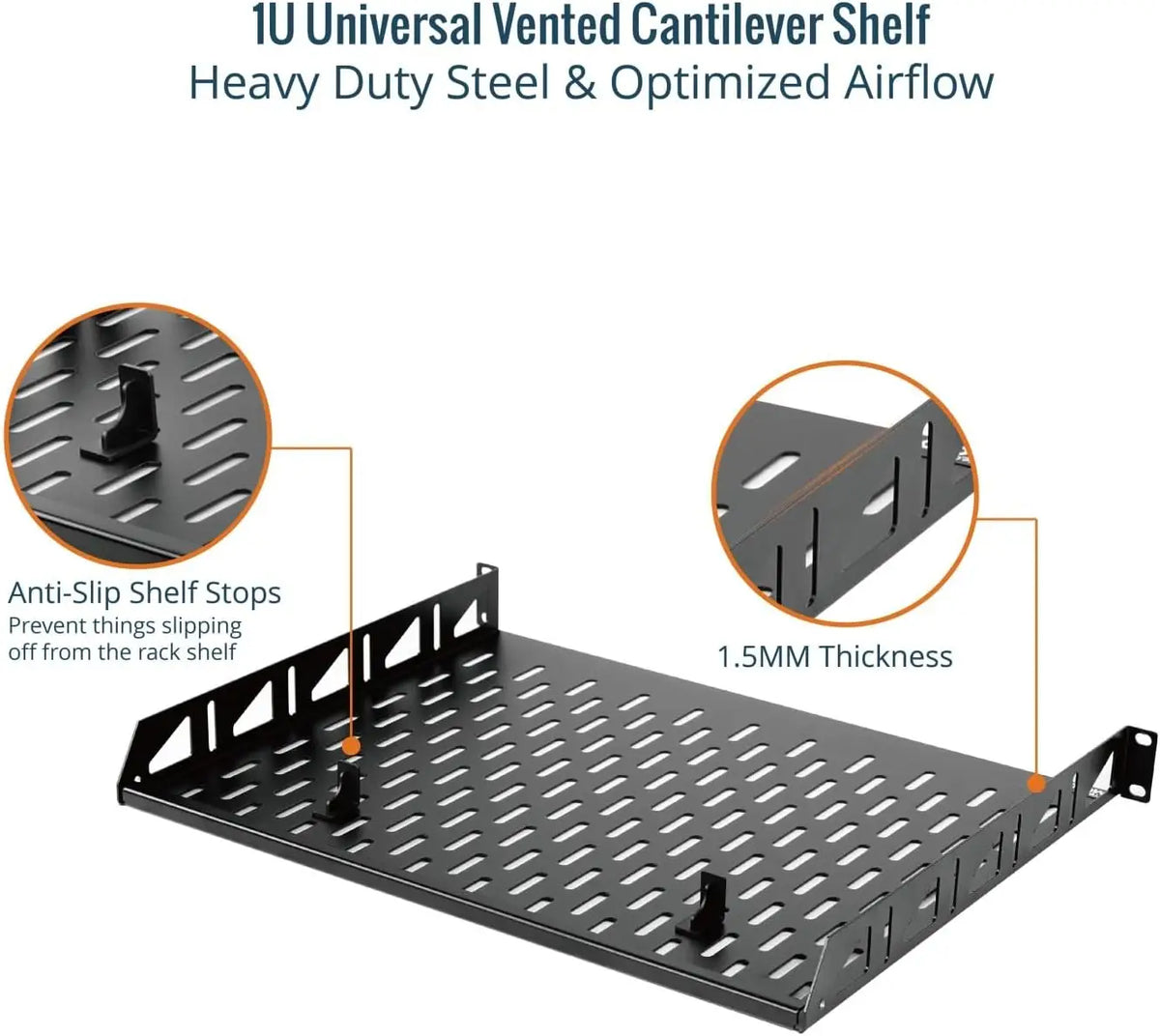 Tecmojo 1U Rack Shelf Mount with Anti-Slip Stops-355.6 mm Deep Vented Cantilever Tray for 19 inch Server Racks &