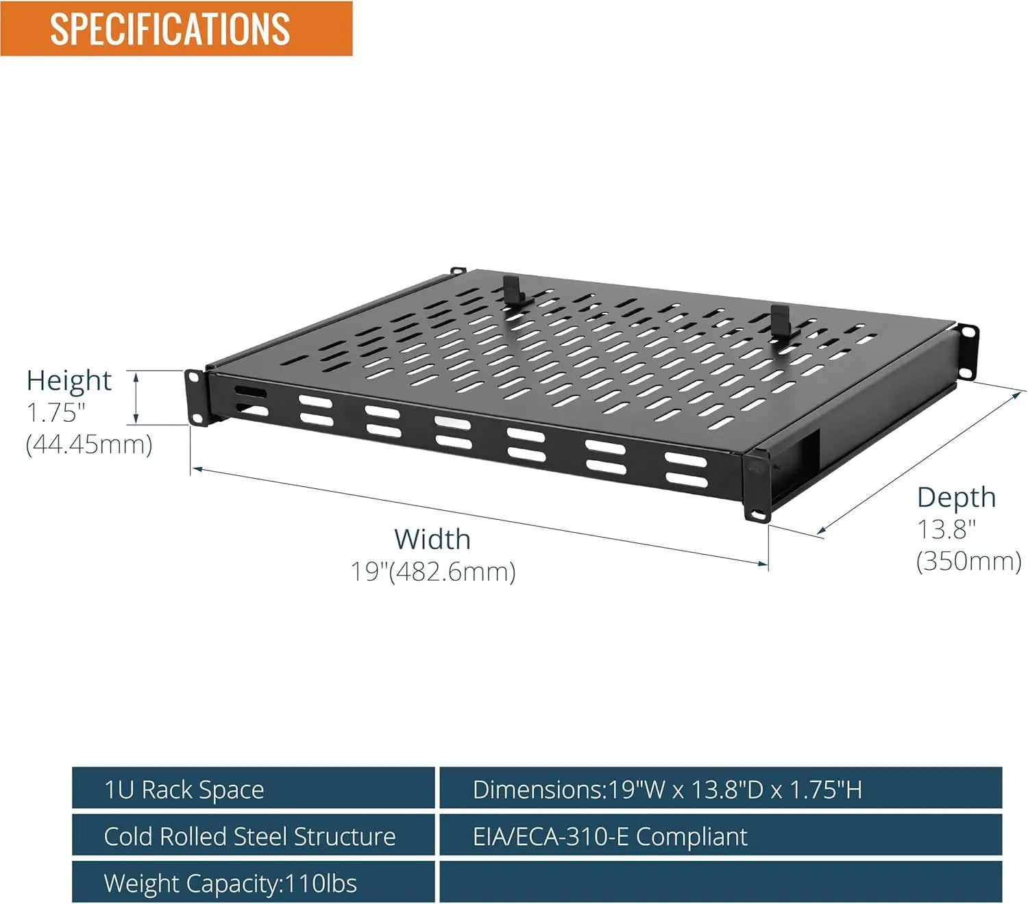 Tecmojo 1U Sliding Rack Shelf with 350mm Deep 4-Post Vented Server Mount Adjustable Range of 350-500mm Support to 50kg
