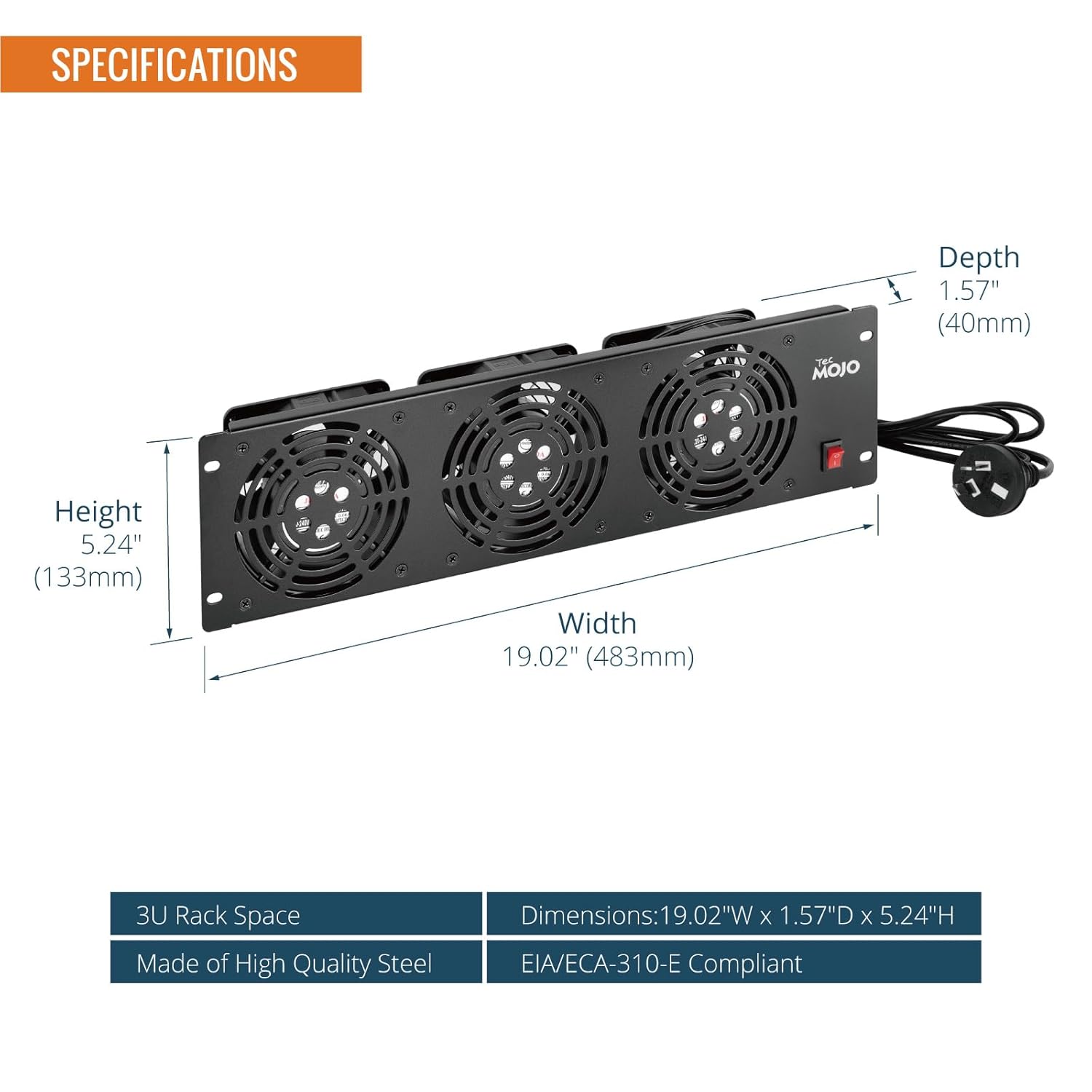 Tecmojo 3U Server Rack Mount Cooling Fan Panels with 3 Fans System Exhaust Airflow for 19 inch Cabinet Vertical Assemble