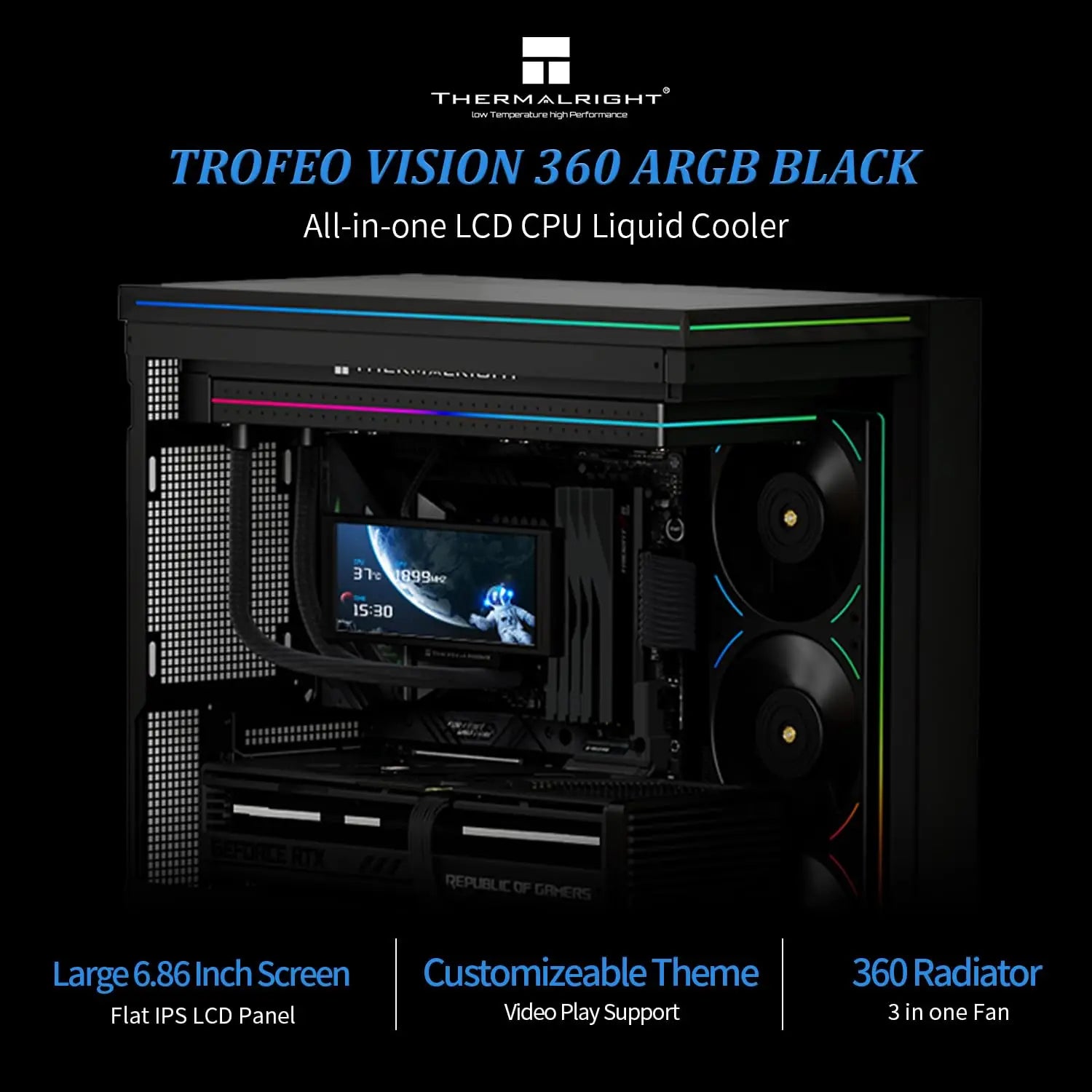 Thermalright Trofeo Vision 360 ARGB Black CPU Liquid Cooler,for AM4/AM5,Intel LGA1851/1700,6.86-inch Full Colour LCD
